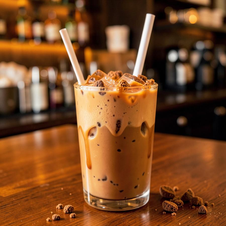 Ciasteczkowe latte w szklance z lodem